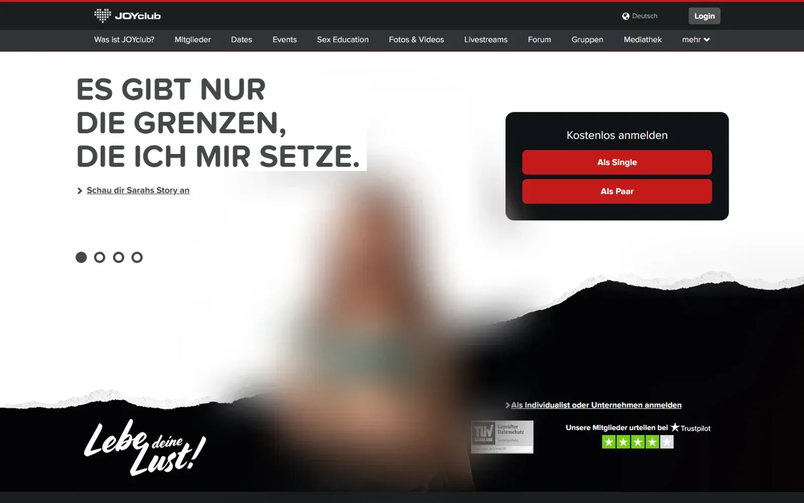 Startseite von JOYclub mit Anmeldung als Single oder Paar